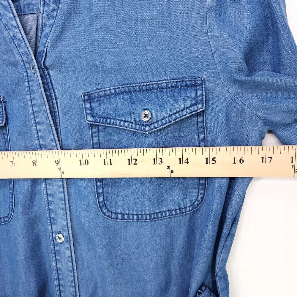 Bebe Denim Shirt Dress Belted Sheath Small Button Up Pockets Long Roll Sleeve - Picture 6 of 12